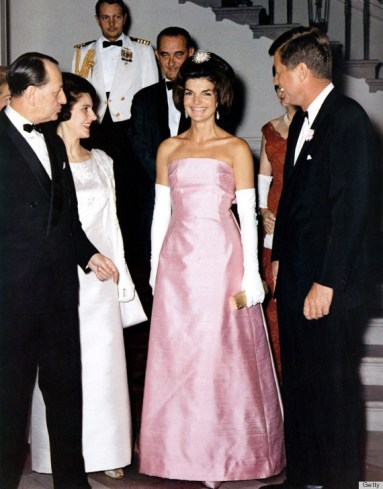 french minister of culture Andre Malraux with his wife Madeleine received at the White House in Washington by american vice-president Lyndon Johnson and americain president John Kennedy and his wife Jackie, may 11, 1962 (Jackie wearing dress by creator Du